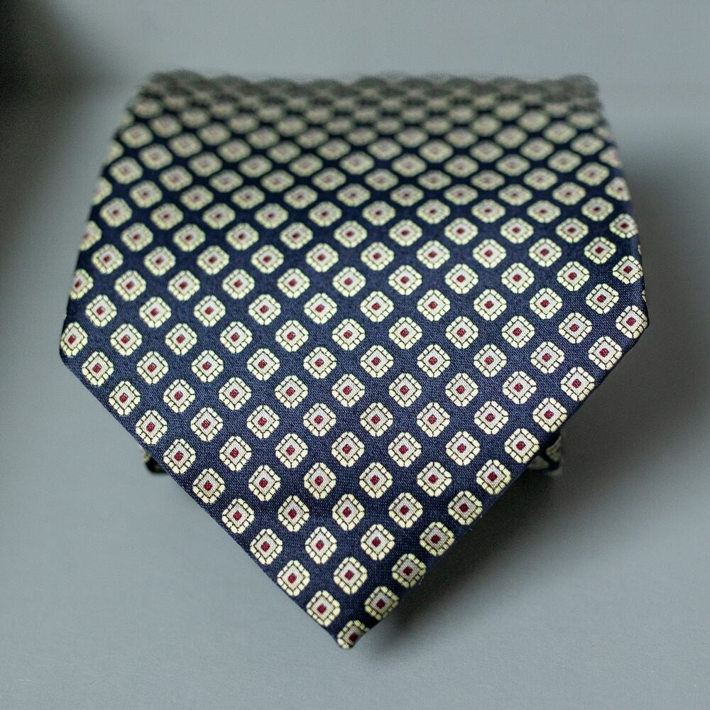 René Chagal Handmade Silk Tie Navy Gold Geometric Pattern Classic Necktie